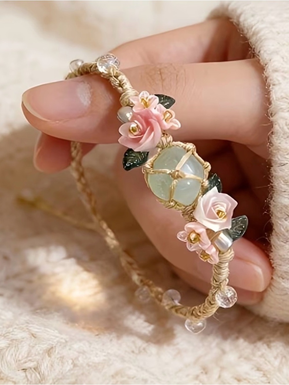 New handmade bohemian Braided Bracelet green Gem floral charms cottagecore fairy